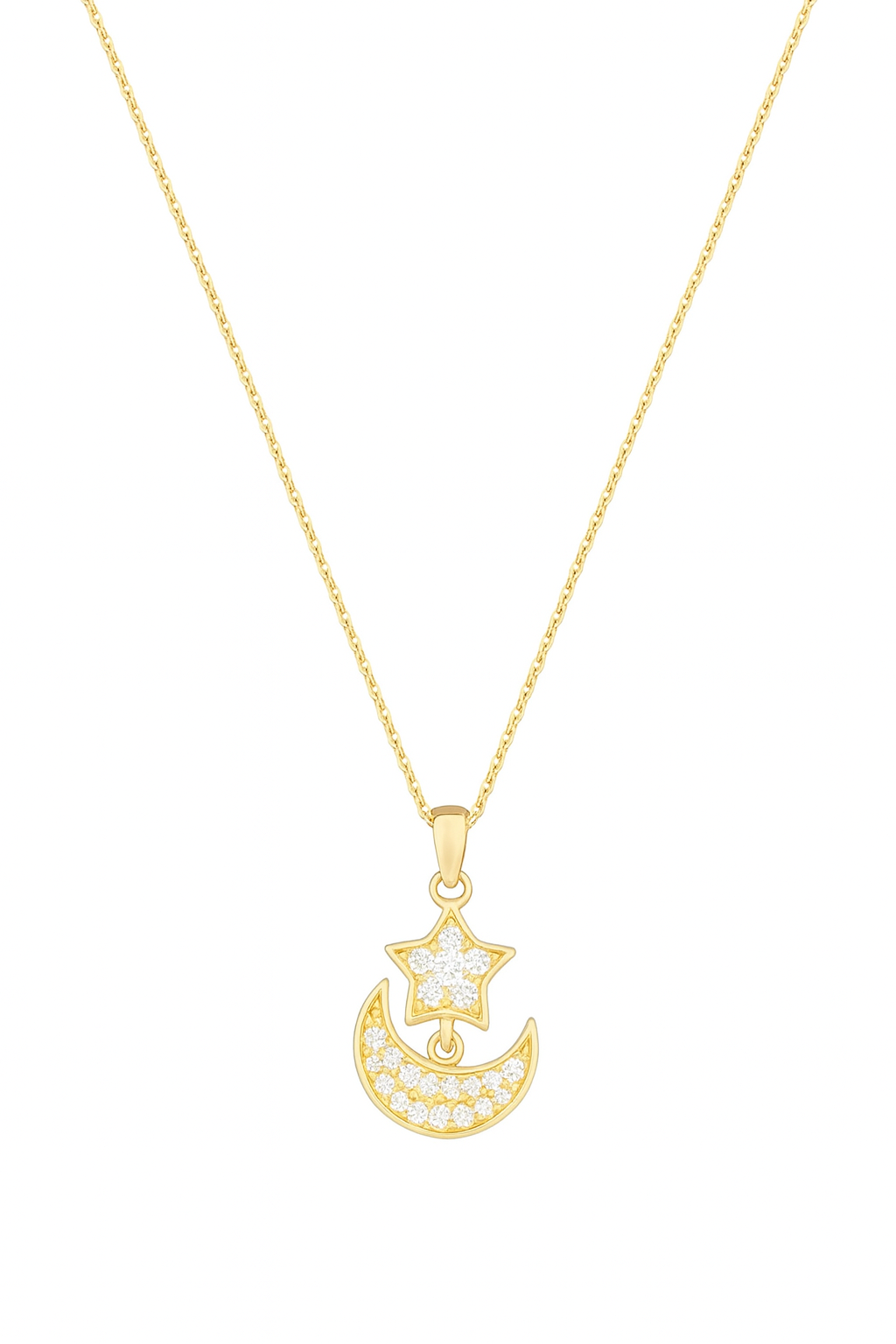 14K Necklace CZ Moon Star