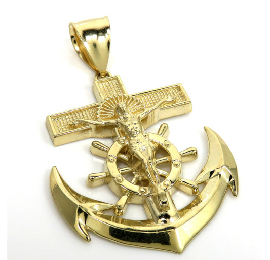 10k Gold Large Anchor Jesus Pendant