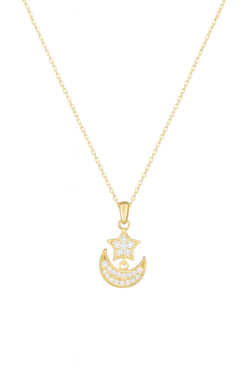 14K Necklace CZ Moon Star